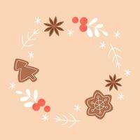 Christmas Wreath Frame with Snowflakes, Tree Branches, and Gingerbread Cookies vector