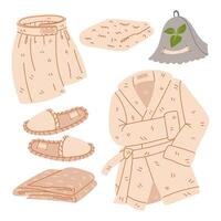 A set of terry dressing gown, a bandage on the waist, a towel, a hat, slippers for bathing and showering, a flat illustration highlighted on white. Delicate warm fluffy fabric items. Flat with doodles vector