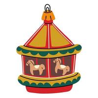 A Soviet Christmas tree toy. A rounded carousel with horses, a glass toy, in bright colors. Cute illustration in vintage colors. Festive elements of the New Year and Christmas on the Christmas tree vector