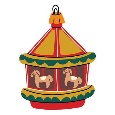 A Soviet Christmas tree toy. A rounded carousel with horses, a glass toy, in bright colors. Cute illustration in vintage colors. Festive elements of the New Year and Christmas on the Christmas tree