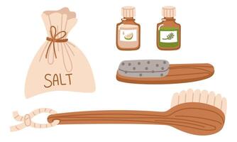 set of items for self-care. Washcloth with handles, pumice stone, essential oils, salt. Personal hygiene product. flat illustration, highlighted on white, for advertising, store catalog, decorative vector