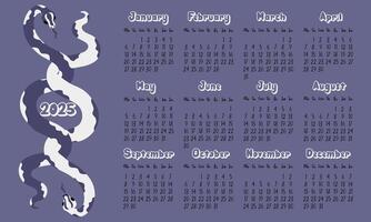 layout of the calendar for 2025 with modern snakeskin patterns in future dusk tones. Two snakes are entwined together. Minimalistic flat design with dark background for planning. Template for printing vector