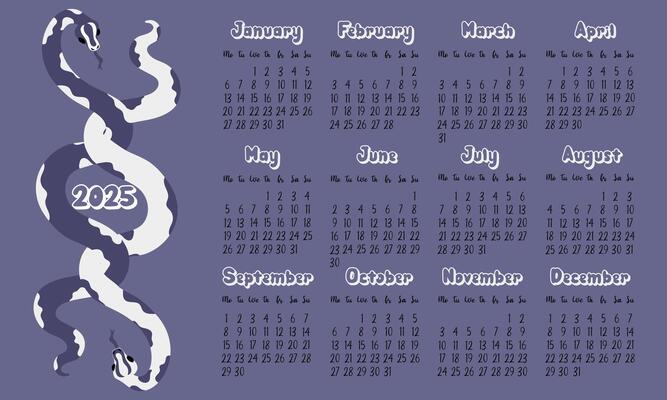 layout of the calendar for 2025 with modern snakeskin patterns in future dusk tones. Two snakes are entwined together. Minimalistic flat design with dark background for planning. Template for printing