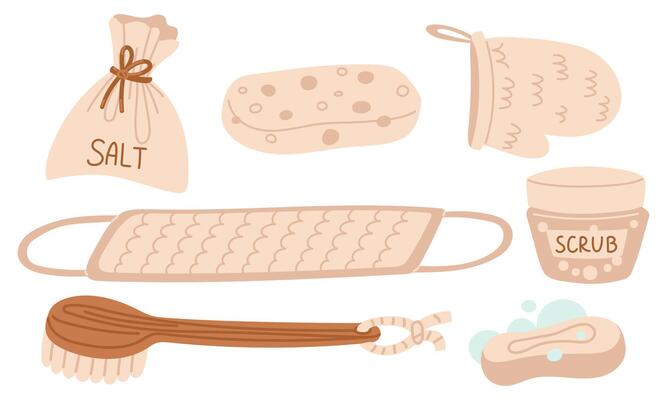 A set of washcloth with handles, wooden, glove, scrub, salt, sponge. Personal hygiene product. flat illustration, highlighted on a white background, for advertising, store catalog, decorative