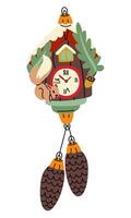 A Soviet Christmas tree toy. A house with a dial and a squirrel on a branch behind an acorn. Pine cones are hanging on a ribbon. A long retro Christmas tree toy. Vintage color. The chimes are striking vector
