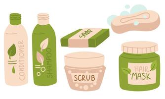 bath set of soap items. Shampoo, conditioner, soap, scrub, mask. Cosmetics items. Bottles for hygiene. cosmetic collection of items in bottle. Flat color illustration with doodles. green, beige simple vector