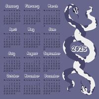 2025 calendar layout with modern geometric snakeskin patterns in future dusk tones. Two snakes are entwined together. Minimalistic flat design with dark background for planning. Template for printing vector