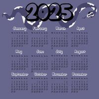 A 2025 calendar layout with modern geometric snakeskin patterns in shades of future twilight. Minimalistic flat design with dark background for planning. The snake hides behind the numbers. template vector