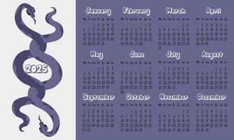 2025 calendar layout with modern geometric snakeskin patterns in shades of future twilight. Two snakes intertwined. Minimalistic flat design on white for planning. Template for printing is horizontal vector