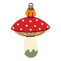 A Soviet Christmas tree toy. Mushroom fly agaric with a bright red cap and a leg. Cute illustration in vintage colors. New Year, Christmas elements. An isolated object is hanging on the Christmas tree vector