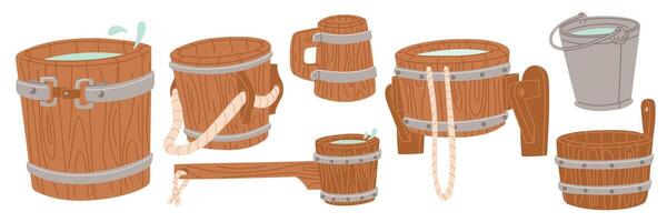 Wooden buckets, buckets, barrels with and without water. container with running water, an empty bucket for a spa, sauna. An iron bucket, wooden ones with a rope. Items for storing water. illustration vector