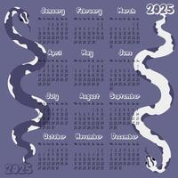 2025 calendar layout with modern geometric snakeskin patterns in future dusk tones. Two snakes on opposite sides. Minimalistic flat design with dark background for planning. The template for printing vector