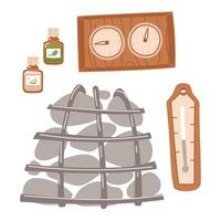Bath set for steam stones in a grid, essential oils, thermometer, hygrometer on white. Items for maintaining relaxation in the steam room, spa, sauna. Flat color illustration with doodles vector