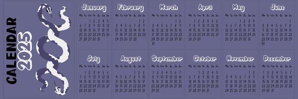 2025 calendar layout with modern geometric snakeskin patterns in shades of future twilight. Two snakes are intertwined. Minimalistic flat design with dark for planning. template printing is horizontal vector