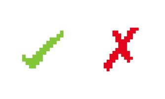 Check Mark Icon. Green Check and Red Cross Icon in Pixel Art Style. Check Box Icon with Right and Wrong Buttons. Isolated Illustration vector