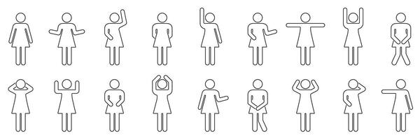 Woman Stick Figure with Different Gestures and Poses Outline Symbol. Human Figure Line Icons Set in Various Poses. Editable Stroke. Isolated Illustration vector