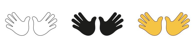 Two Open Hands for Greeting or High Five Gestures Set. Open Palms Line and Silhouette Sign. Double Hands Emoji Icon. Editable Stroke. Isolated Illustration vector