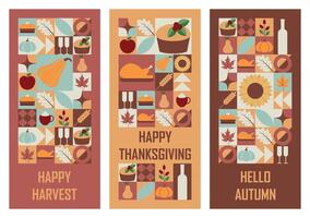 Set of festive vertical banners Happy Thanksgiving , Happy Harvest and Hallo Autumn. Templates for greeting card or invitation in abstract modern geometric style. illustration vector