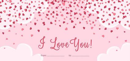 Valentine Day postcard with falling hearts confetti from the sky, text greeting and flat clouds. Retro amour background. illustration. vector