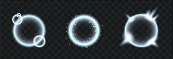 Glowing silver round frames. Isolated white transparent lights, lens flare, explosion, glitter and dust, spark and stars, spotlight and frames. Abstract effect. vector