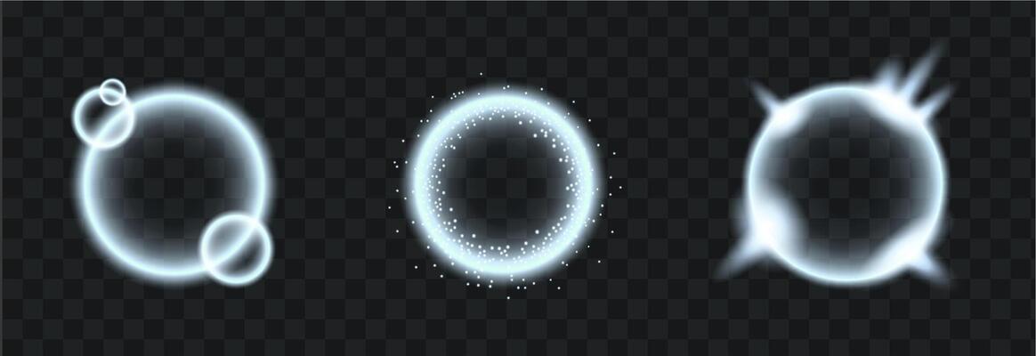 Glowing silver round frames. Isolated white transparent lights, lens flare, explosion, glitter and dust, spark and stars, spotlight and frames. Abstract effect.
