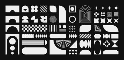 Abstract retro shapes, basic brutal forms and figures in Y2K aesthetics, colorful vintage stickers, logos, labels. Decorative design elements, illustration. vector