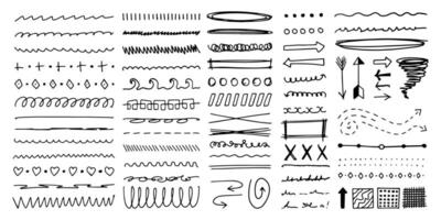 Scribbles and doodles in black line, abstract freehand drawing, design elements and decorative stickers, arrows, lines, curves. Frames and borders. art. vector