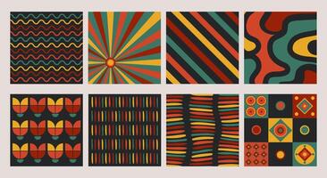 Groovy backgrounds, retro 1970s cards with patterns, meshes, geometric forms and distorted lines. decorative illustrations, abstract art. vector