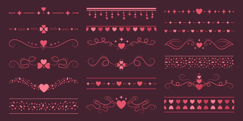 Vintage elegant dividers with hearts and stars, Valentine Day decorations, frames, stickers and ornament set. red and pink design elements.