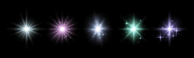 Set of glowing sparkles and stars, shining bursts with glitters and sequins around. Group of light effects on the black background. illustration. vector