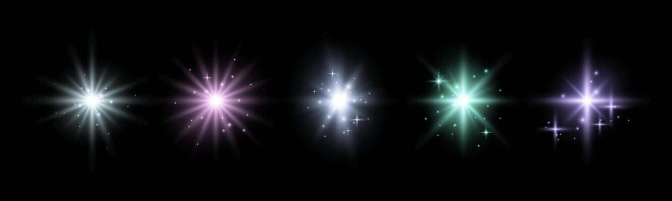 Set of glowing sparkles and stars, shining bursts with glitters and sequins around. Group of light effects on the black background. illustration.