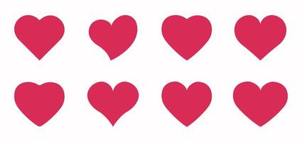 Set of red flat simple hearts, valentine's, Valentine Day decorations, application buttons, like signs and symbols, logos, emblems, illustration. vector