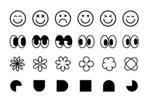 Retro shapes, smileys, faces, graphic design elements y2k, collection of graphic geometric shapes, signs and symbols of 2000s boho brutalism Y2K. vector