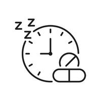 Clock With Pills And ZZZ Line Icon. Sleep Medication Concept Outline Symbol. Bedtime Medication Reminder Editable Stroke. Isolated Illustration vector