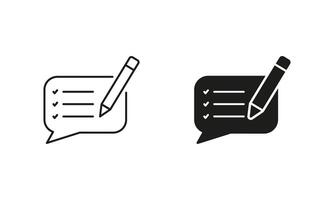 Speech Bubble With Pencil Pictogram. Customer Feedback Message Line and Silhouette Icon Set. Comment Symbol. Support Chat Sign. Editable Stroke. Isolated Illustration vector
