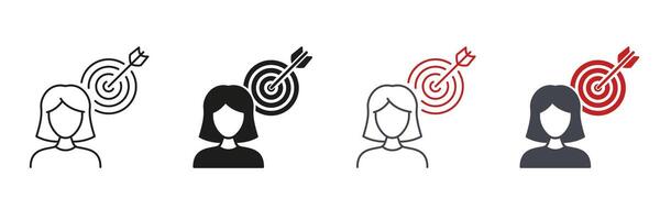Focused and Object Oriented Woman Line and Silhouette Icon Set. Human Strategy, Aim. Accuracy Target, Dartboard and Arrow Symbol. Editable Stroke. Isolated Illustration vector