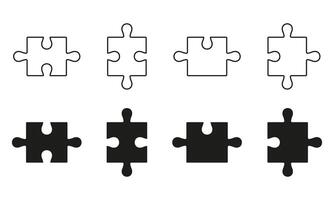 Puzzle Pieces Fit Line and Silhouette Icon Set. Teamwork, Idea, Logic Game, Combination Solution Concept. Editable Stroke. Isolated Illustration vector