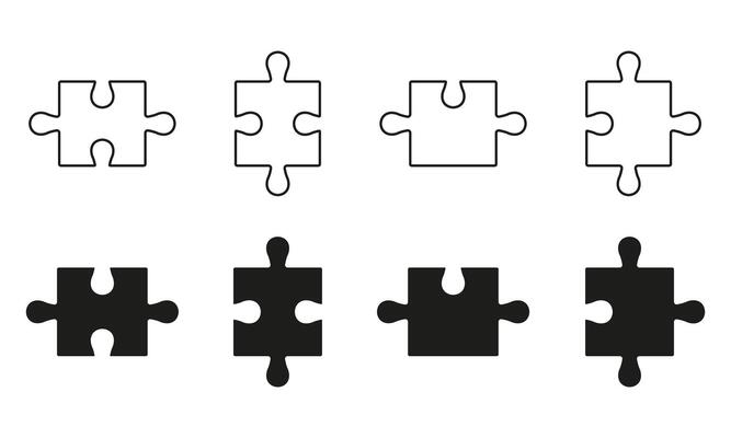 Puzzle Pieces Fit Line and Silhouette Icon Set. Teamwork, Idea, Logic Game, Combination Solution Concept. Editable Stroke. Isolated Illustration