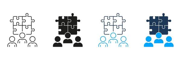 Teamwork and Collaboration, Puzzle Together Icon. Partnership Success, Team Building, Unity Pictogram. Business Community Sign. Editable Stroke. Isolated Illustration vector