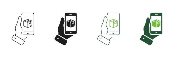 Ecommerce, Online Delivery Service Line and Silhouette Icon Set. Purchase Shipping Symbol. Mobile Phone with Box Sign in Human Hand. Editable Stroke. Isolated Illustration vector