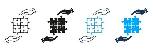 Puzzle and Human Hands Icon. Problem Solving, Strategy, Solution Concept. Jigsaw Pieces Match Together Line and Silhouette Icon Set. Editable Stroke. Isolated Illustration vector