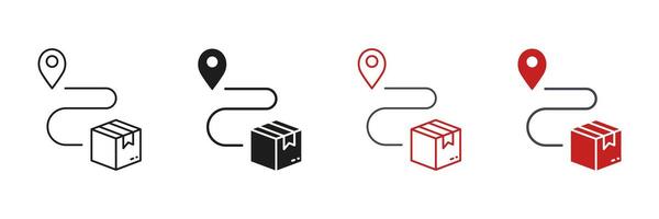 Parcel Location Line and Silhouette Icon Set. Pin on Map with Box, Shipment Distance Symbol. Delivery Service Route Icon. Order Path Sign. Editable Stroke. Isolated Illustration vector