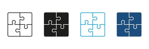 Puzzle, Combination Solution Line and Silhouette Icon Set. Jigsaw Square Pieces Match Pictogram. Teamwork, Idea, Challenge Logic Game Sign. Editable Stroke. Isolated Illustration vector