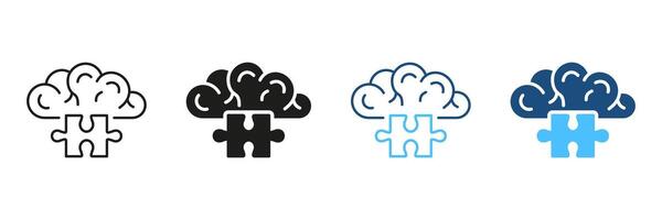 Jigsaw, Creative Human Mind Concept. Puzzle and Brain Line and Silhouette Icon Set. Idea, Memory, Education Sign. Editable Stroke. Isolated Illustration vector