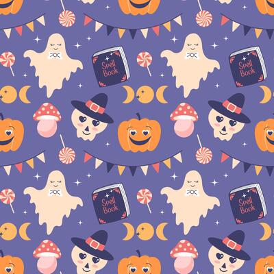 Seamless Halloween pattern with cute ghosts, pumpkins, skulls and flags garlands. Flat style illustration