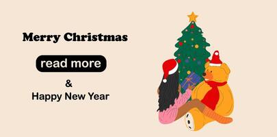 Web page design template. The girl sits with a teddy bear near the Christmas tree vector