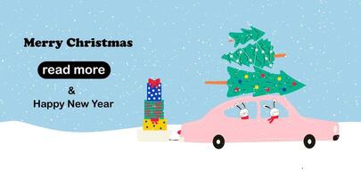 Web page design template.The car in which rabbits sit, carries Christmas trees and gifts vector