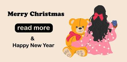 Web page design template. The girl sits with a teddy bear wrapped in a garland. vector