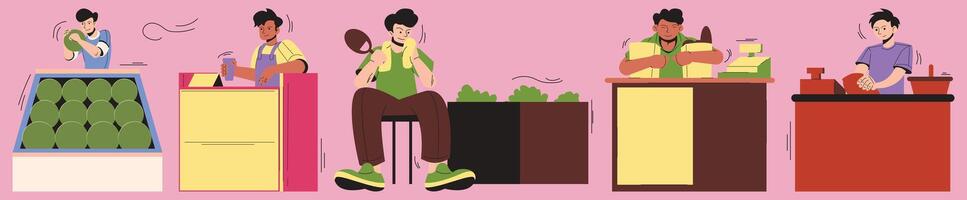 Fresh Juice Bar Preparation Process, Flat Character Illustration vector