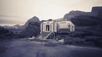 Colonial outpost on an alien planet surrounded by rocky terrain video